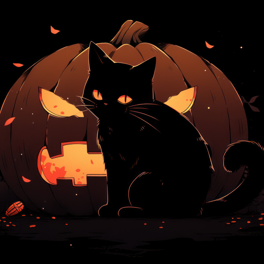 Черный котенок на фоне фонаря из тыквы