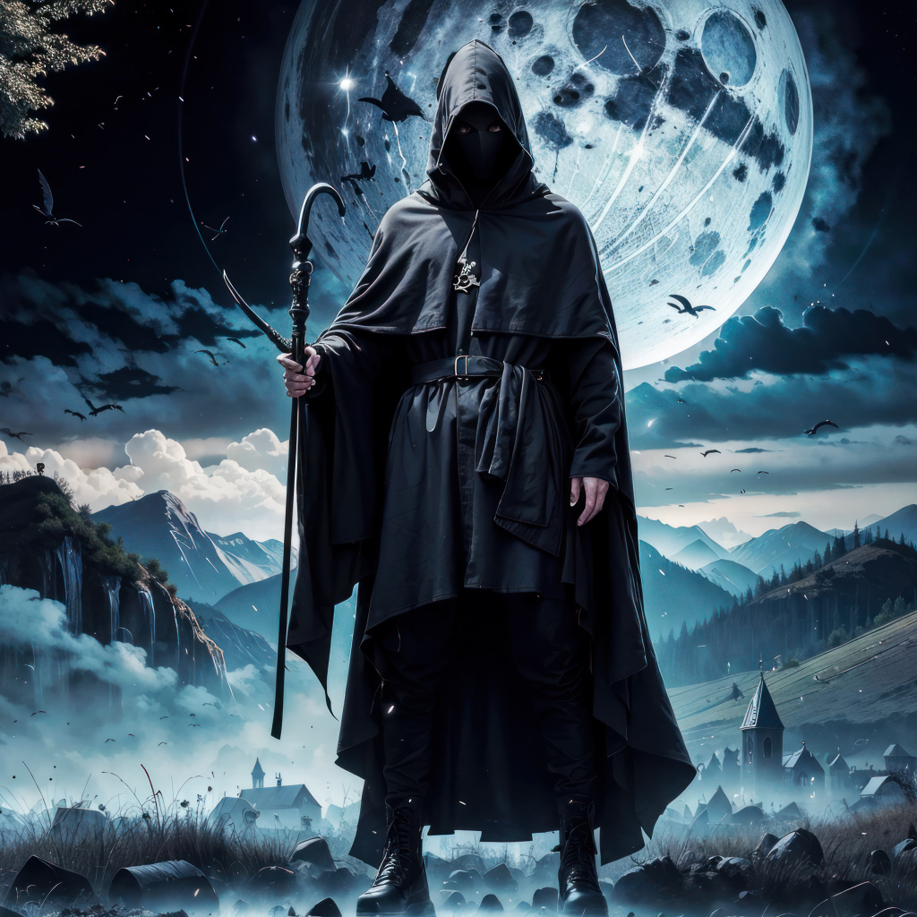 Черный маг в плаще на фоне луны