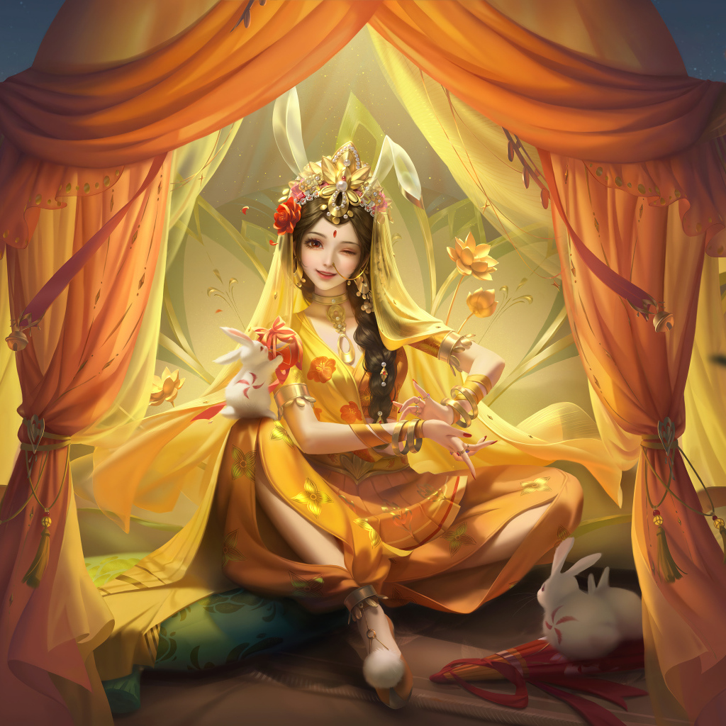 Фантастическая девушка азиатка сидит в шатре