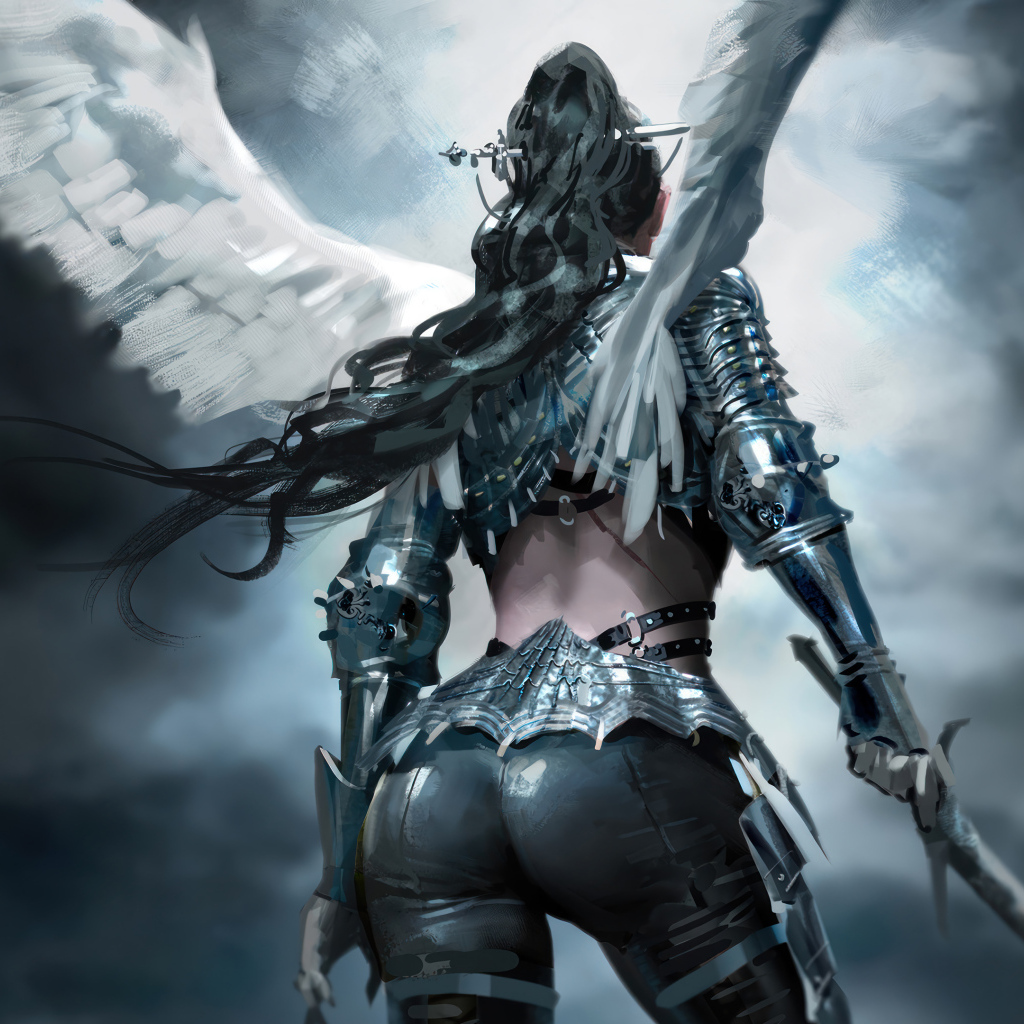 Фантастическая девушка ангел с оружием