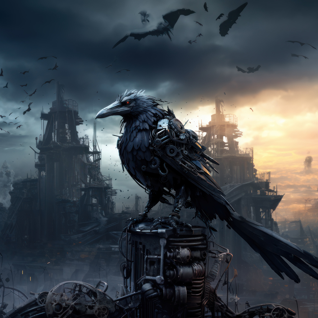 Фантастический черный ворон на фоне разрушенного города