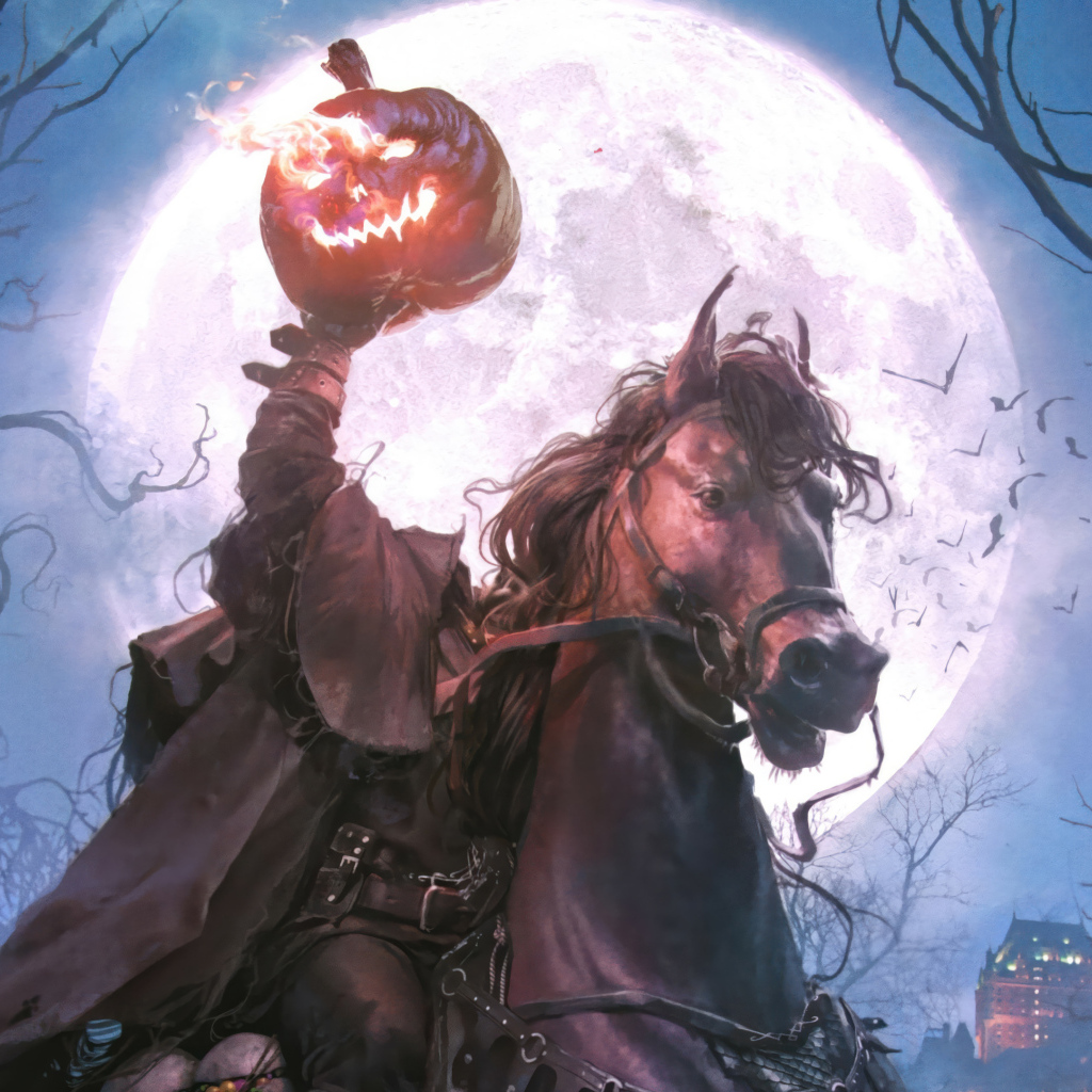 Фантастический всадник без головы с тыквой в руках