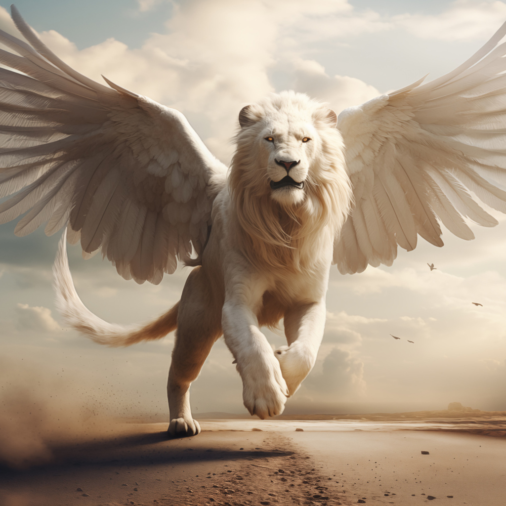 Фантастический лев с белыми крыльями