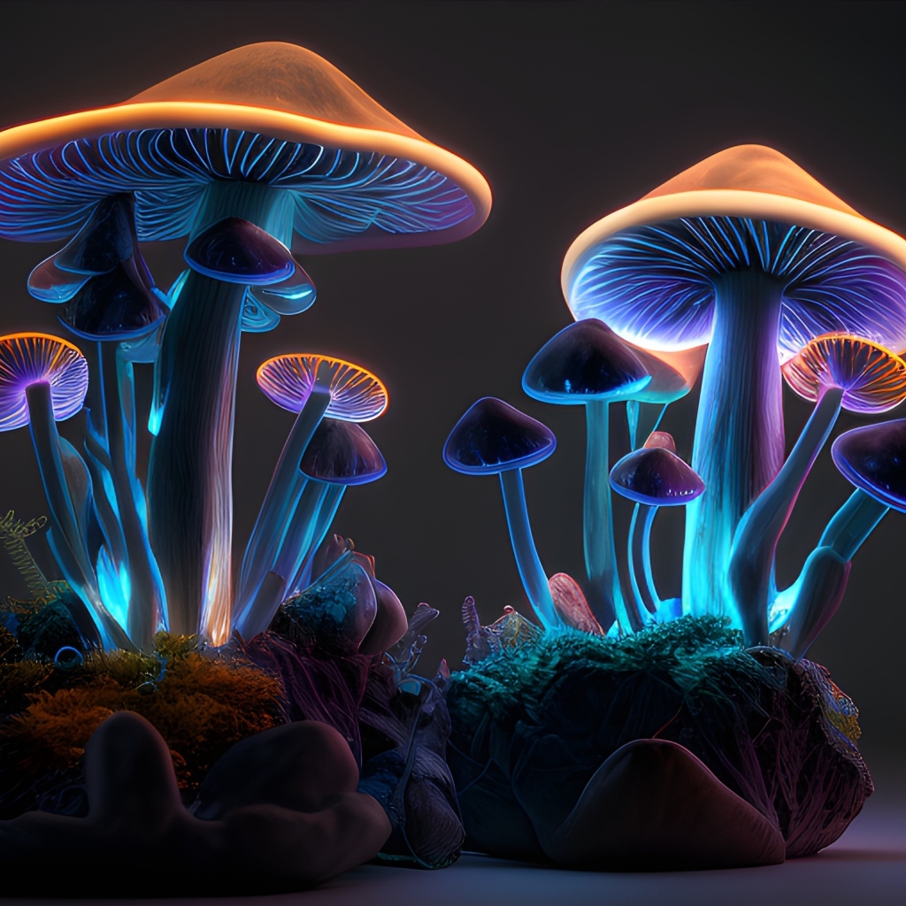 Фантастические неоновые грибы на сером фоне