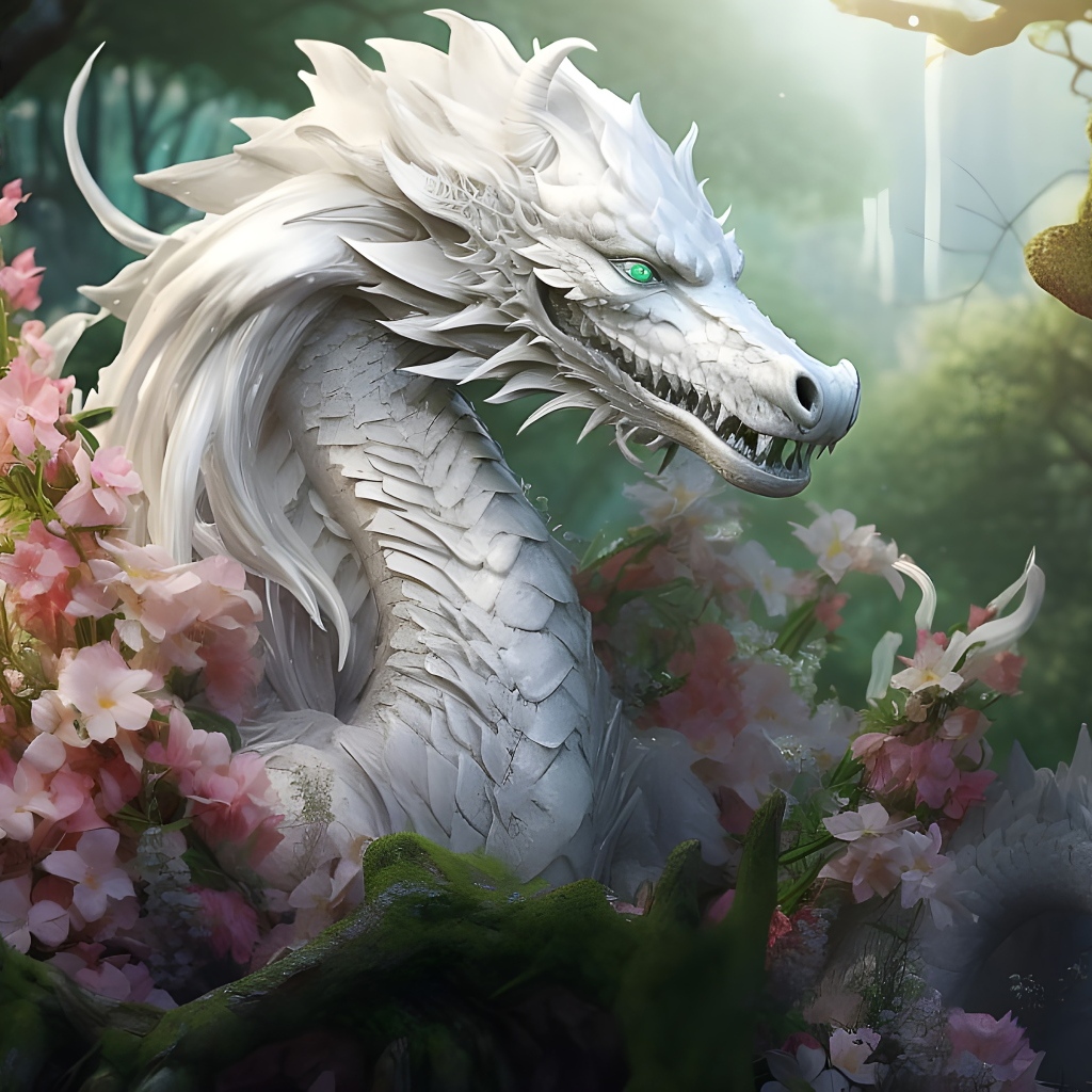 Фантастический белый дракон в розовых цветах