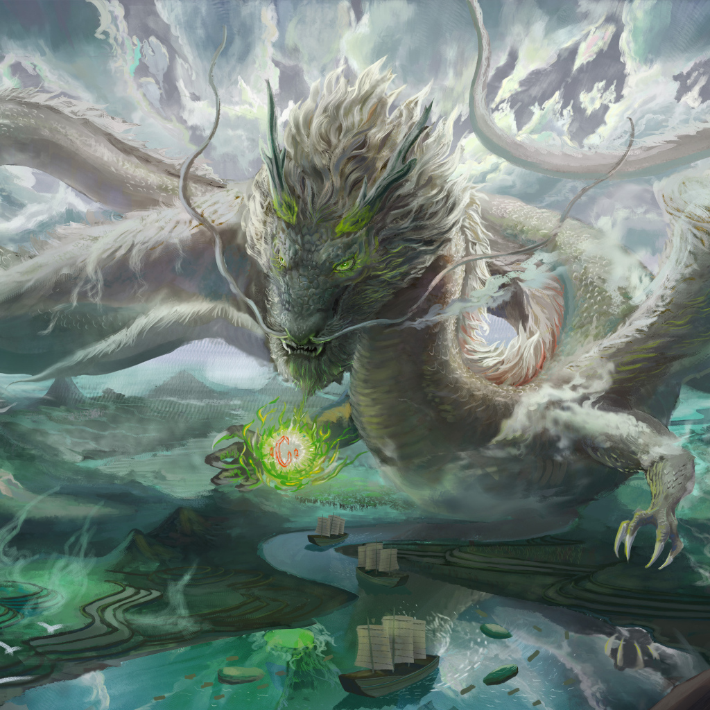 Фантастический дракон над рекой