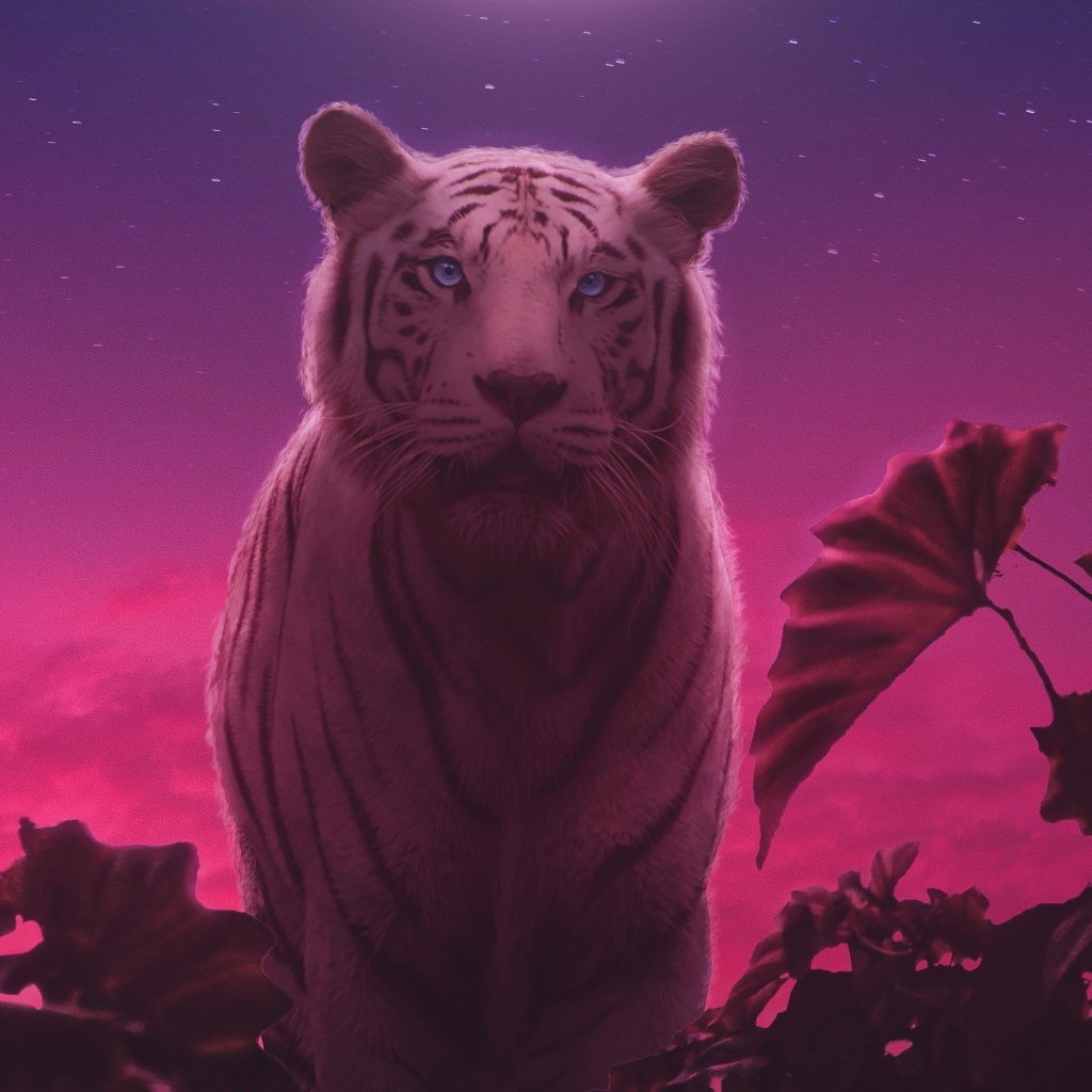 Фантастический тигр с зелеными листьями ночью