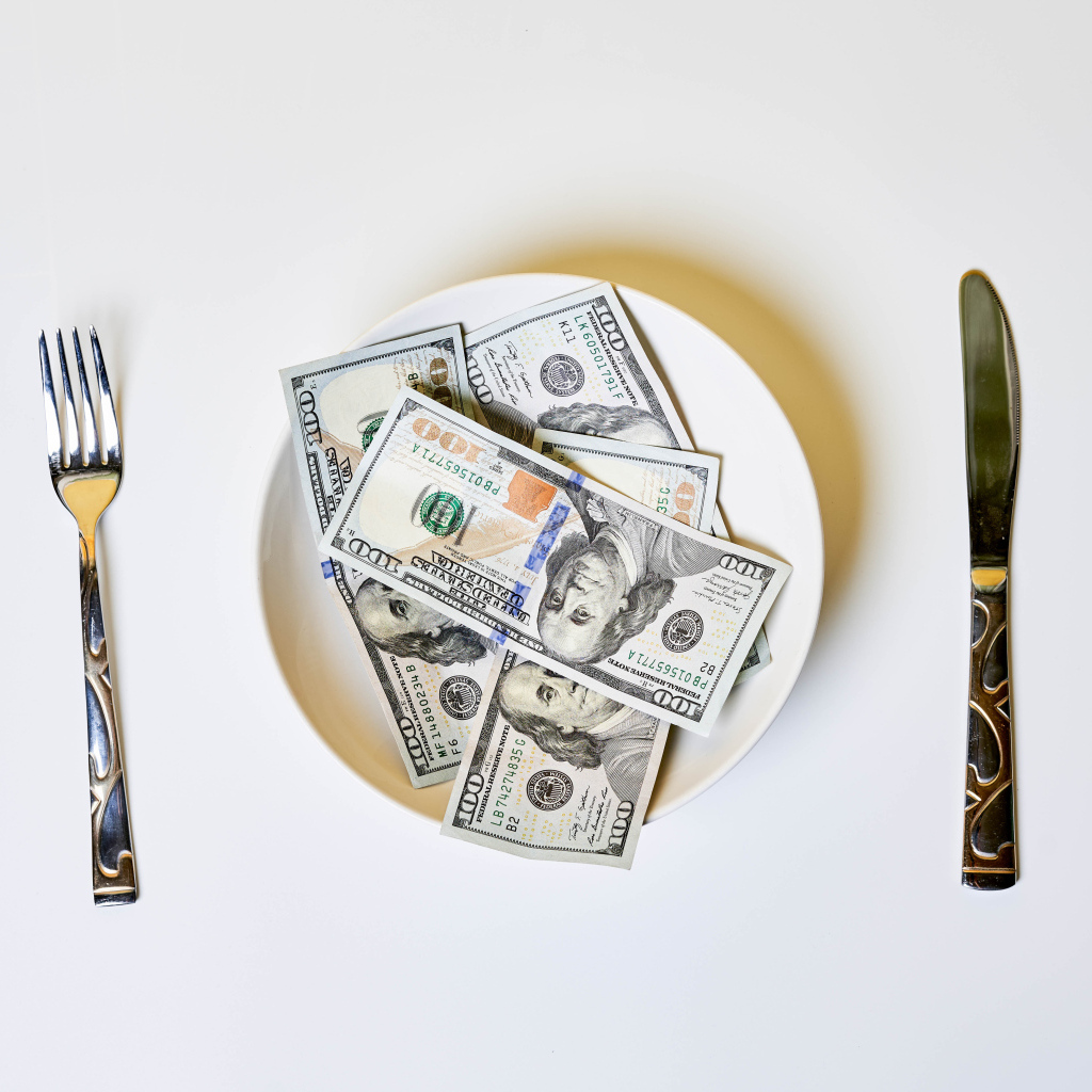Dollars on a plate on a gray background with cutlery