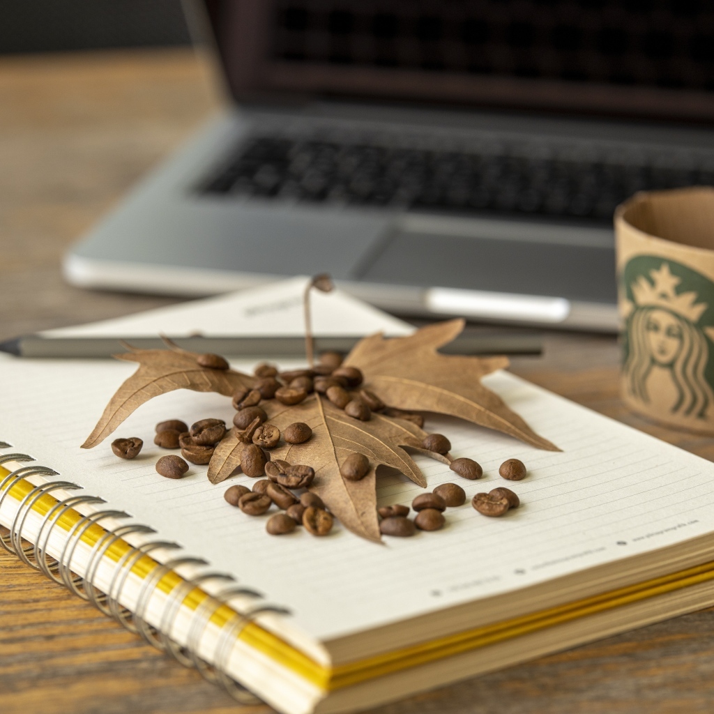 Зерна кофе с листом и блокнотом на столе