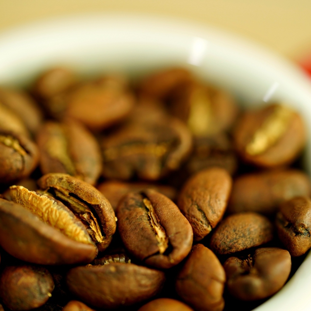 Зерна кофе с белой кружке вблизи