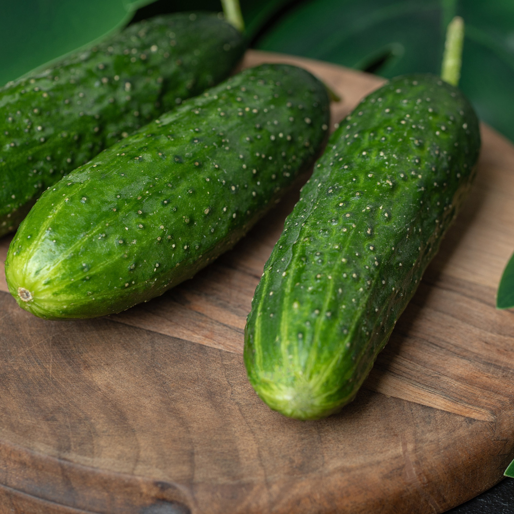 Свежие зеленые огурцы на деревянной доске