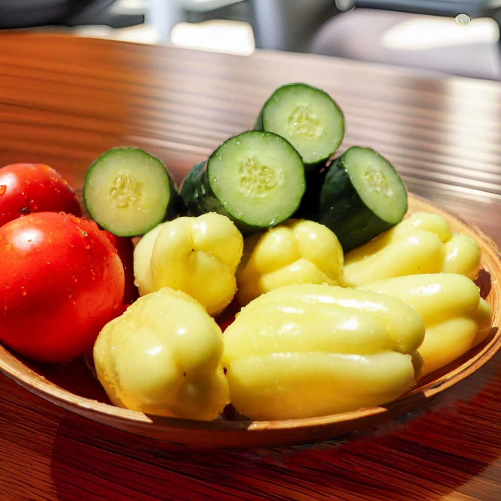 Перец, помидоры и зеленые огурцы на тарелке на столе