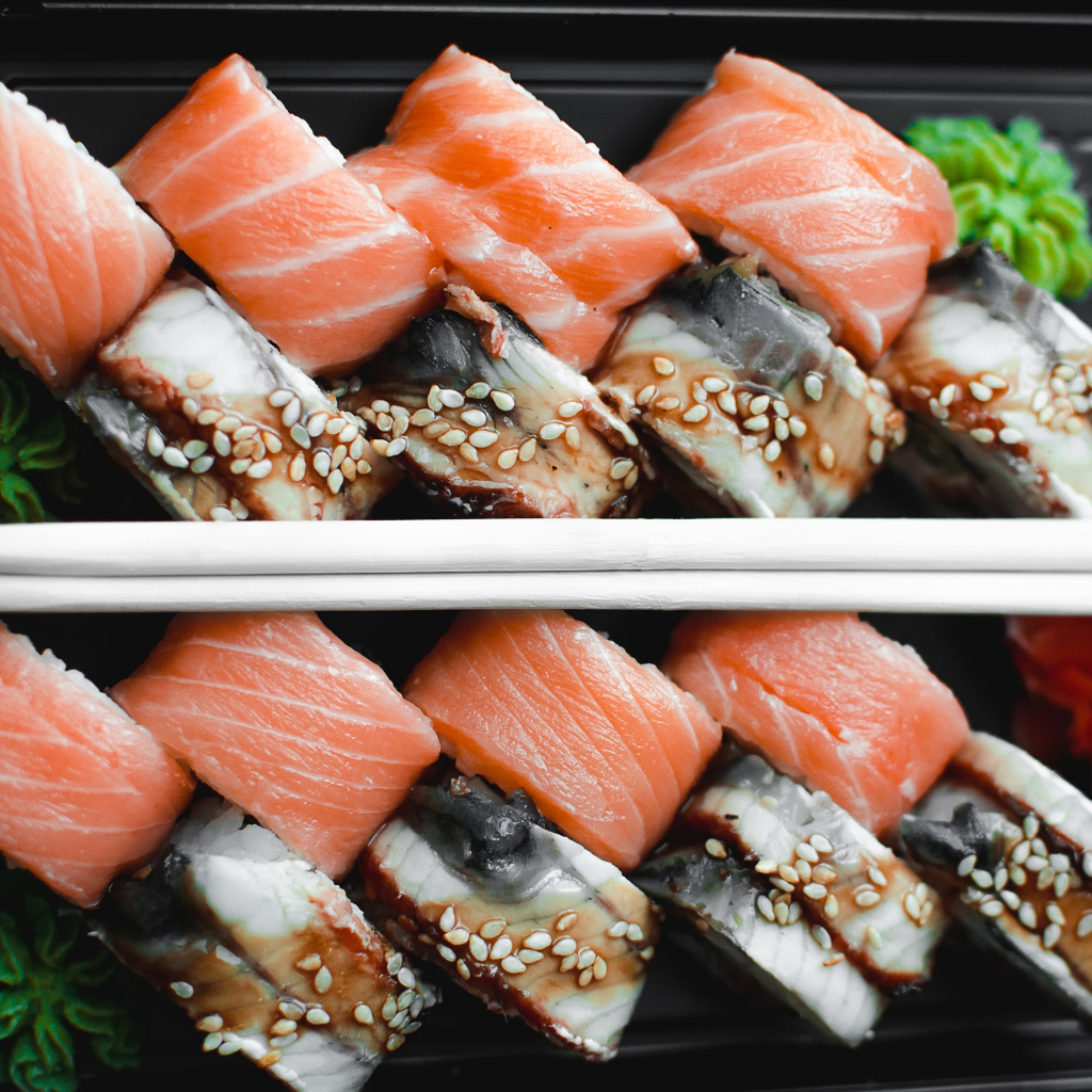 Суши с рыбой на черной тарелке с палочками