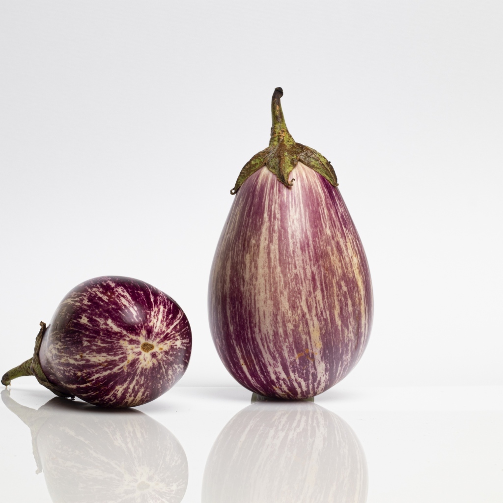 Два баклажана на сером фоне