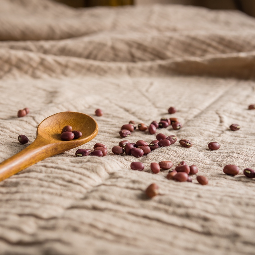 Деревянная ложка на скатерти с фасолью 