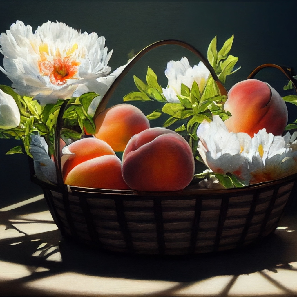 Спелые сладкие персики в корзине с цветами
