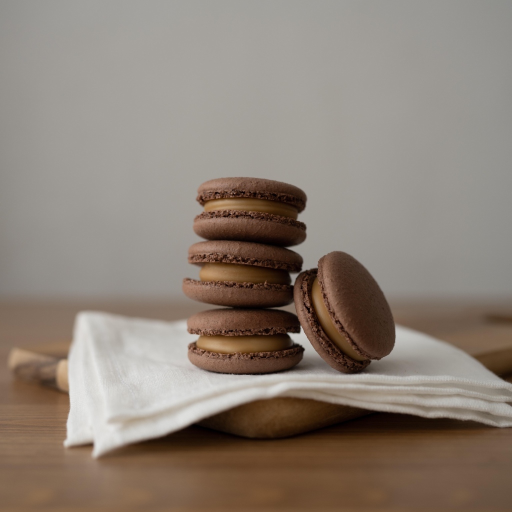 Шоколадный десерт макаронс на столе с салфеткой
