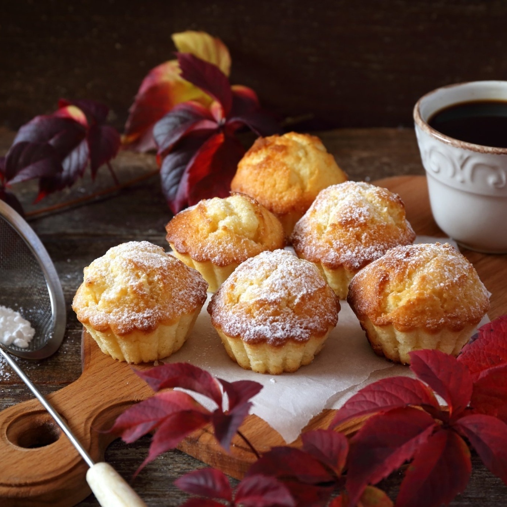 Кексы на столе с кофе и листьями