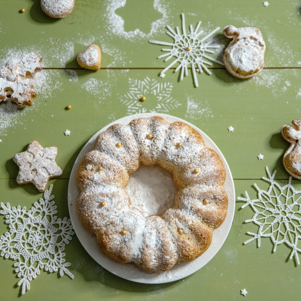 Вкусный сладкий рождественский кекс с сахарной пудрой
