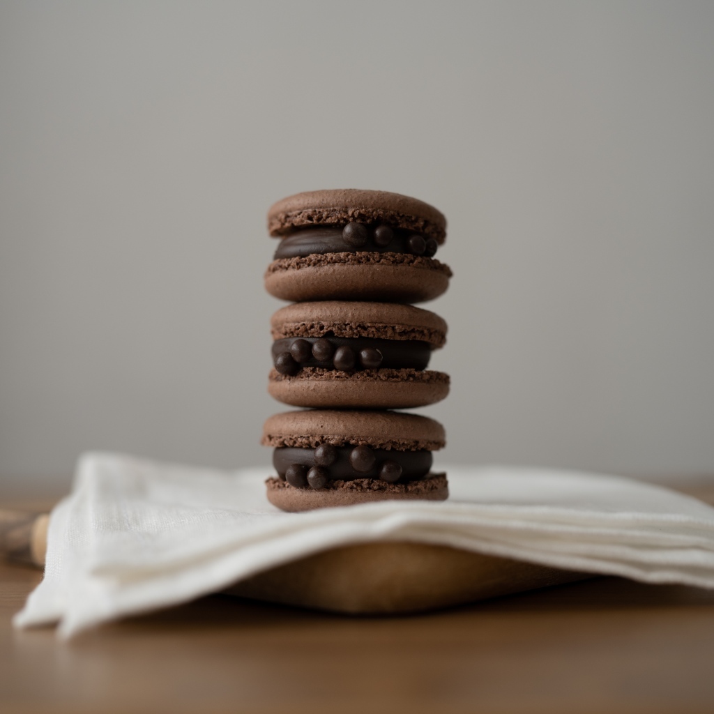 Десерт макаронс с шоколадом на белой салфетке