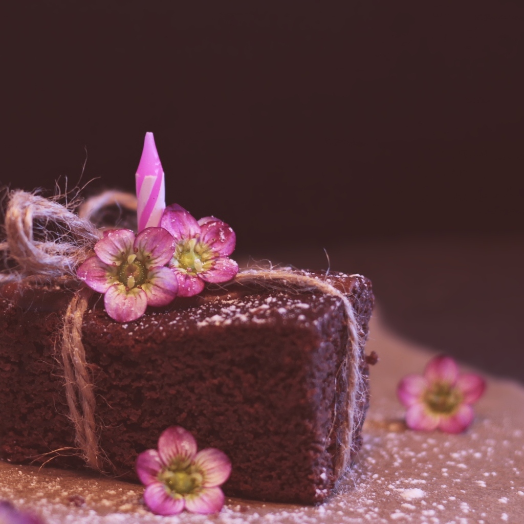 Кусок десерта брауни с цветами