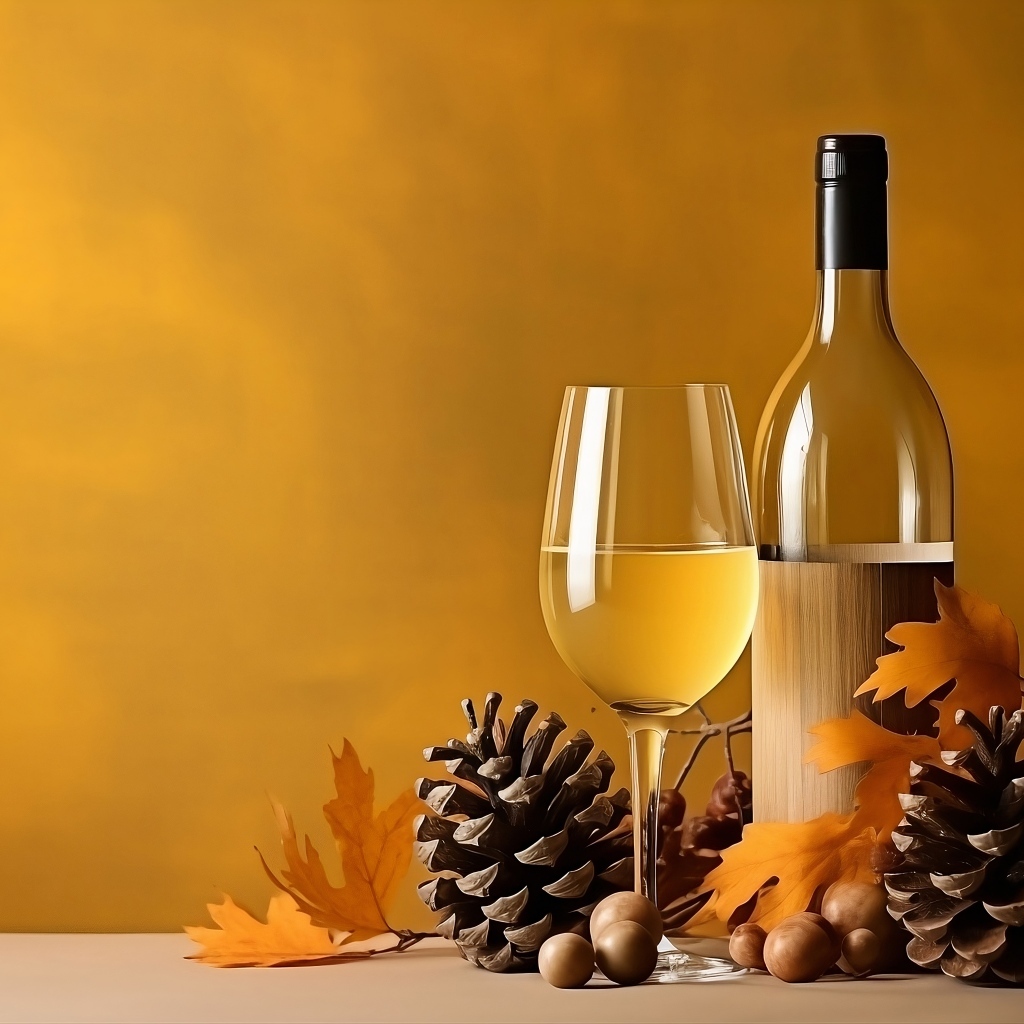 Бутылка вина и бокал на столе с шишками и желудями