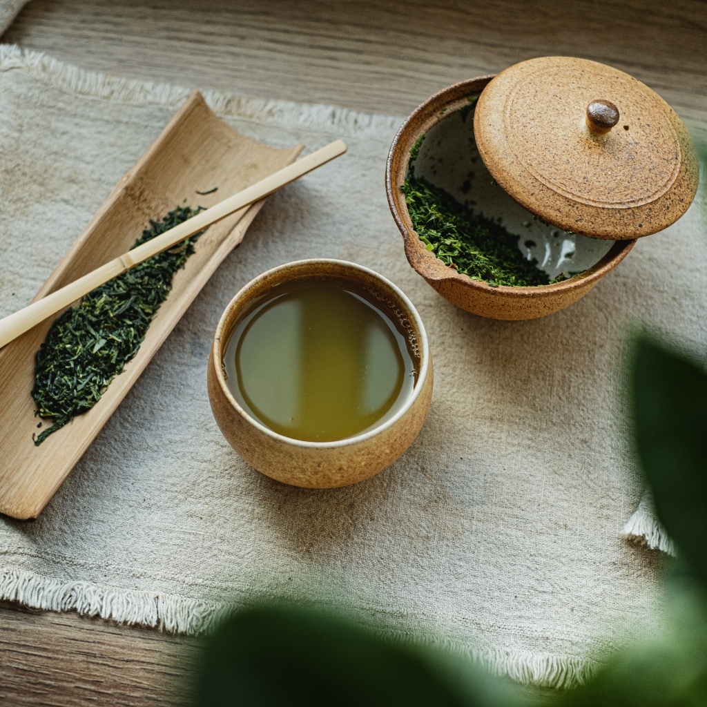 Зеленый чай на столе с заваркой