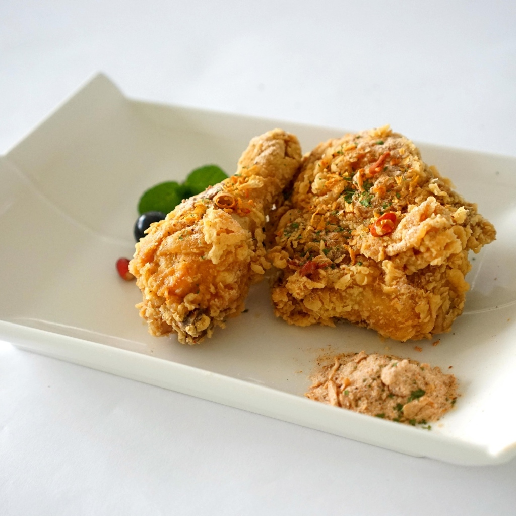 Жареная хрустящая курица в тарелке на столе