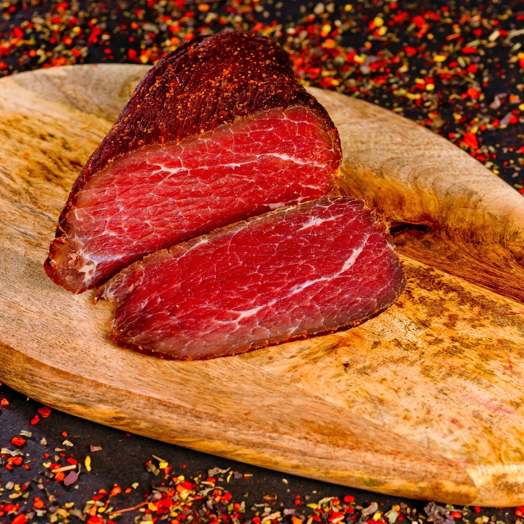 Кусок мяса на доске со специями