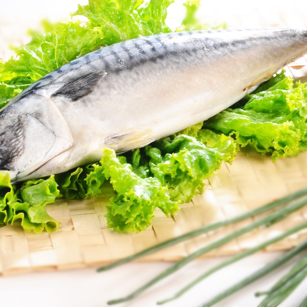 Крупная скумбрия с листьями салата