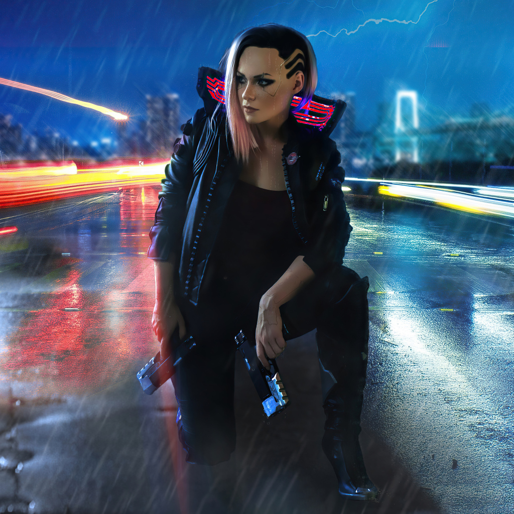 Девушка сидит на дороге, компьютерная игра cyberpunk 2077