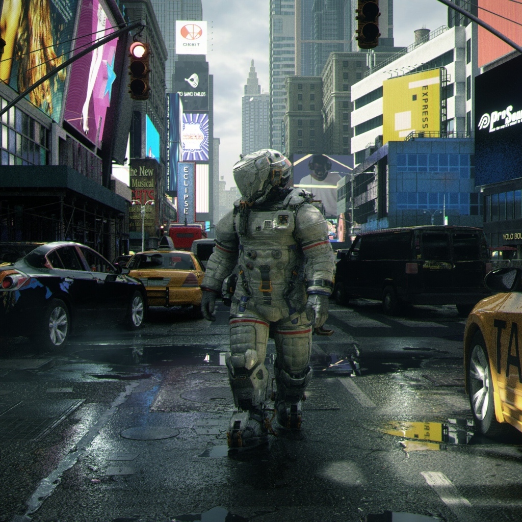 Мужчина астронавт в городе, компьютерная игра Pragmata