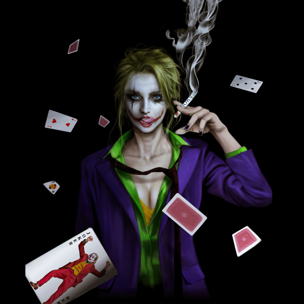 Девушка Джокер с картами на черном фоне