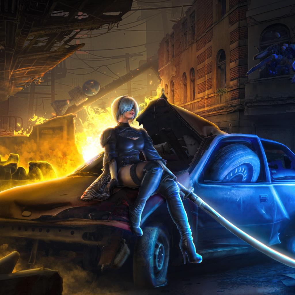 Девушка 3д сидит на разбитой машине