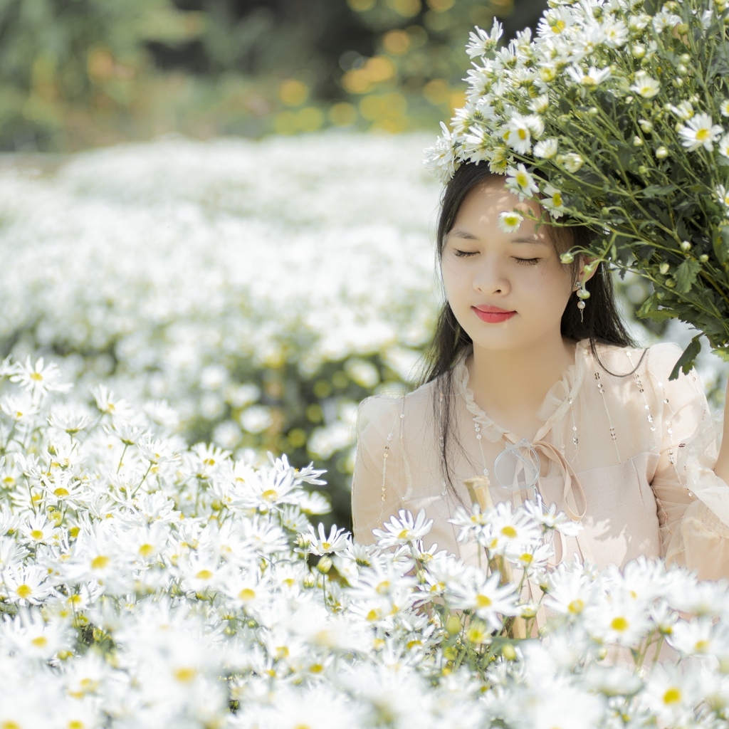 White asia. Девушка с букетом ромашек. Азиатские цветы. Девушка на Поляне с цветами. Цветы Азии.