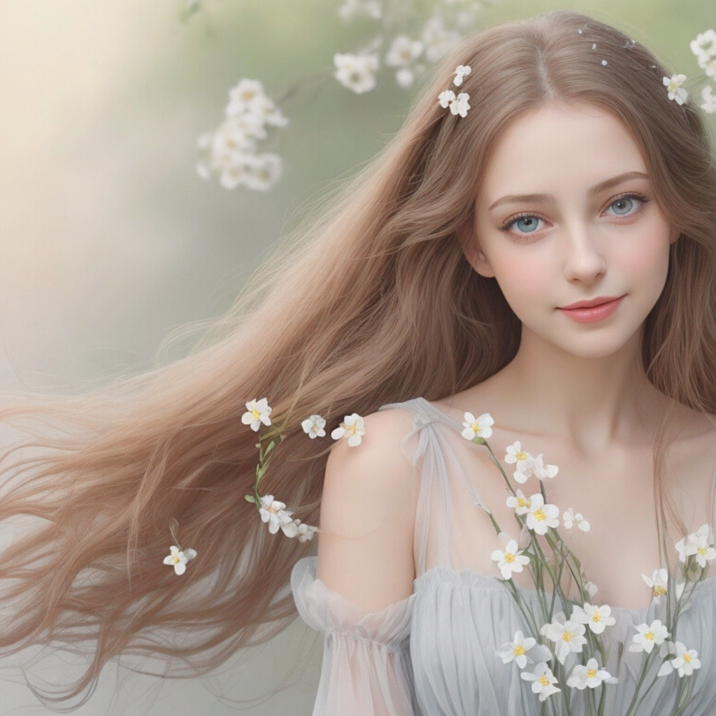 Красивая голубоглазая длинноволосая девушка в белых цветах