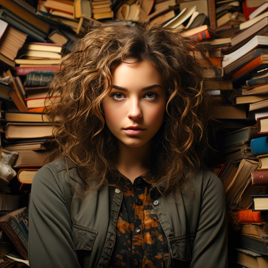 Красивая девушка с кудрявыми волосами на фоне книг