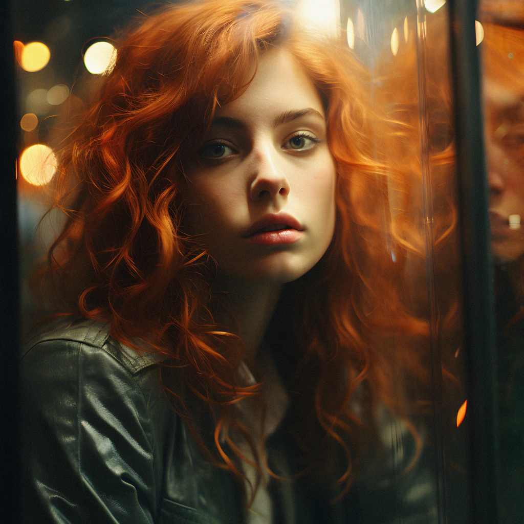 Красивая рыжеволосая девушка отражается в окне