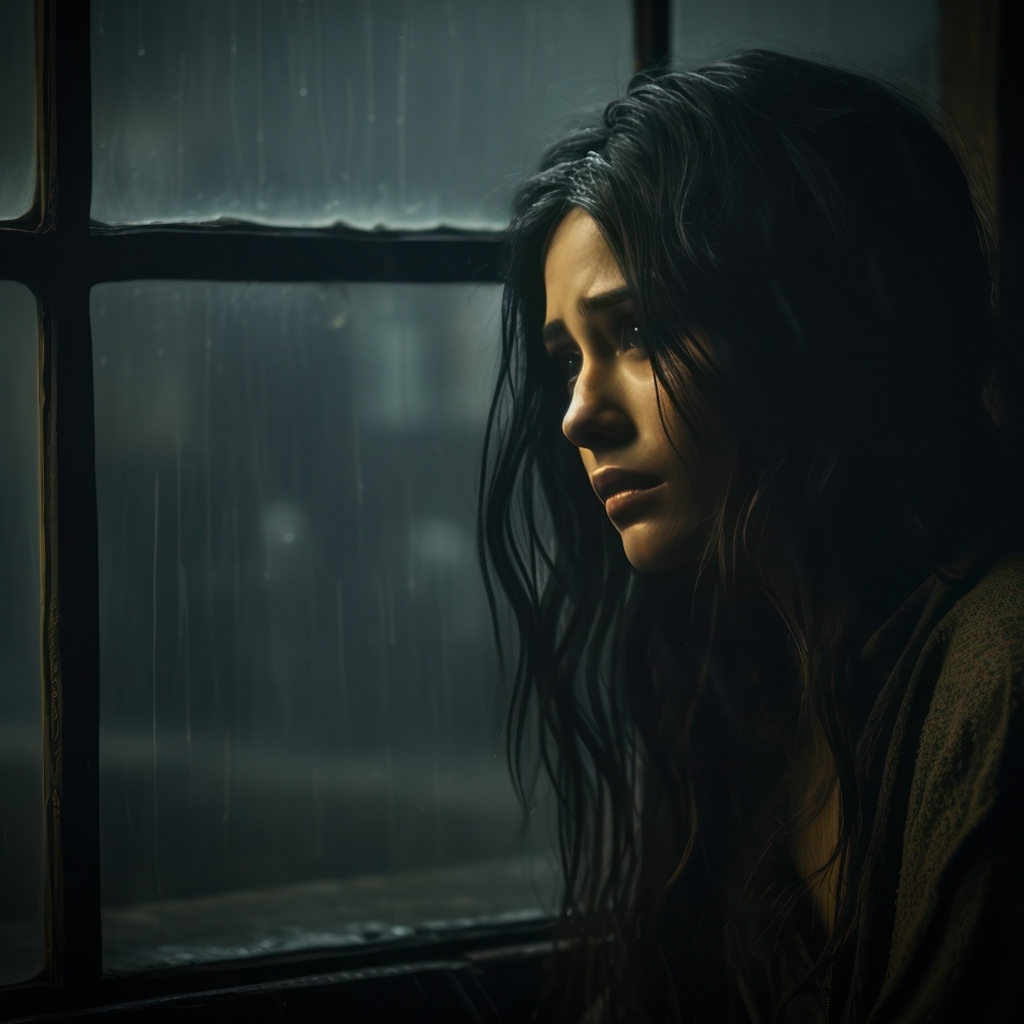 Грустная девушка сидит у окна 
