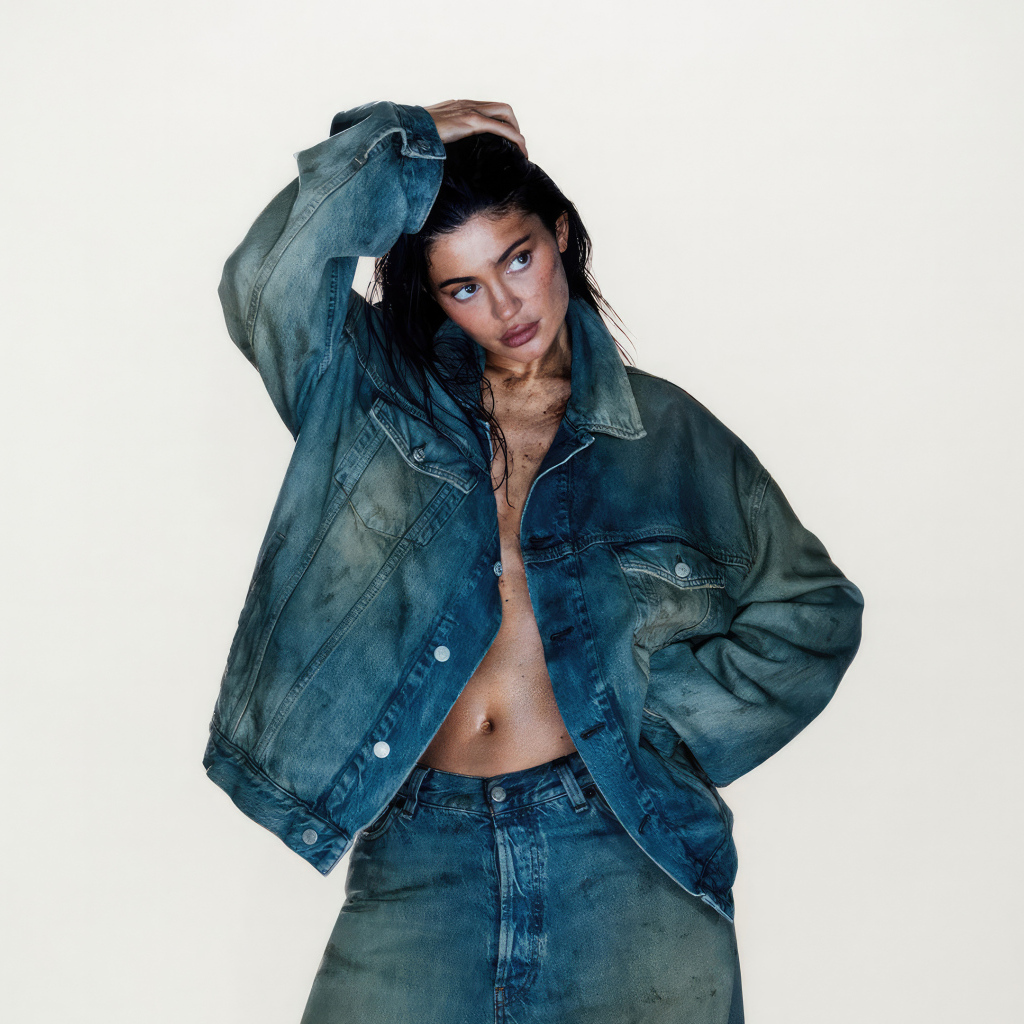 Американская модель Кайли Дженнер в джинсовом костюме