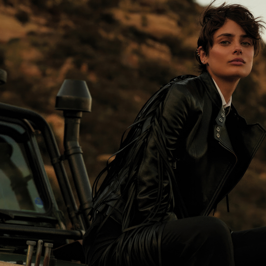 Модель Тейлор Хилл в черной куртке сидит на машине