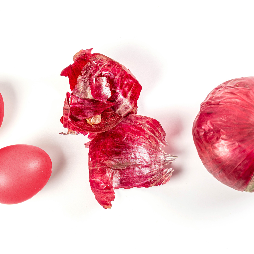 Окрашенные яйца с луком на белом фоне