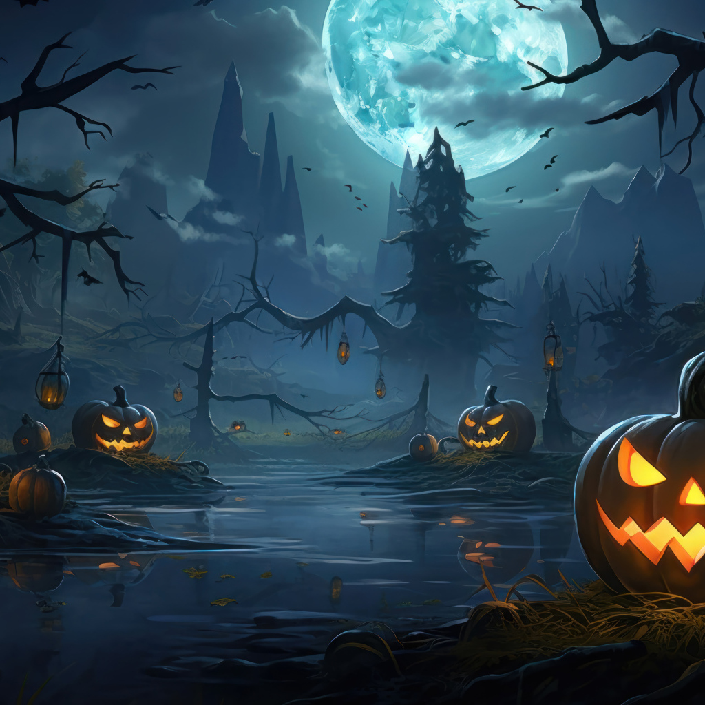 Зловещие тыквы у реки в темном лесу