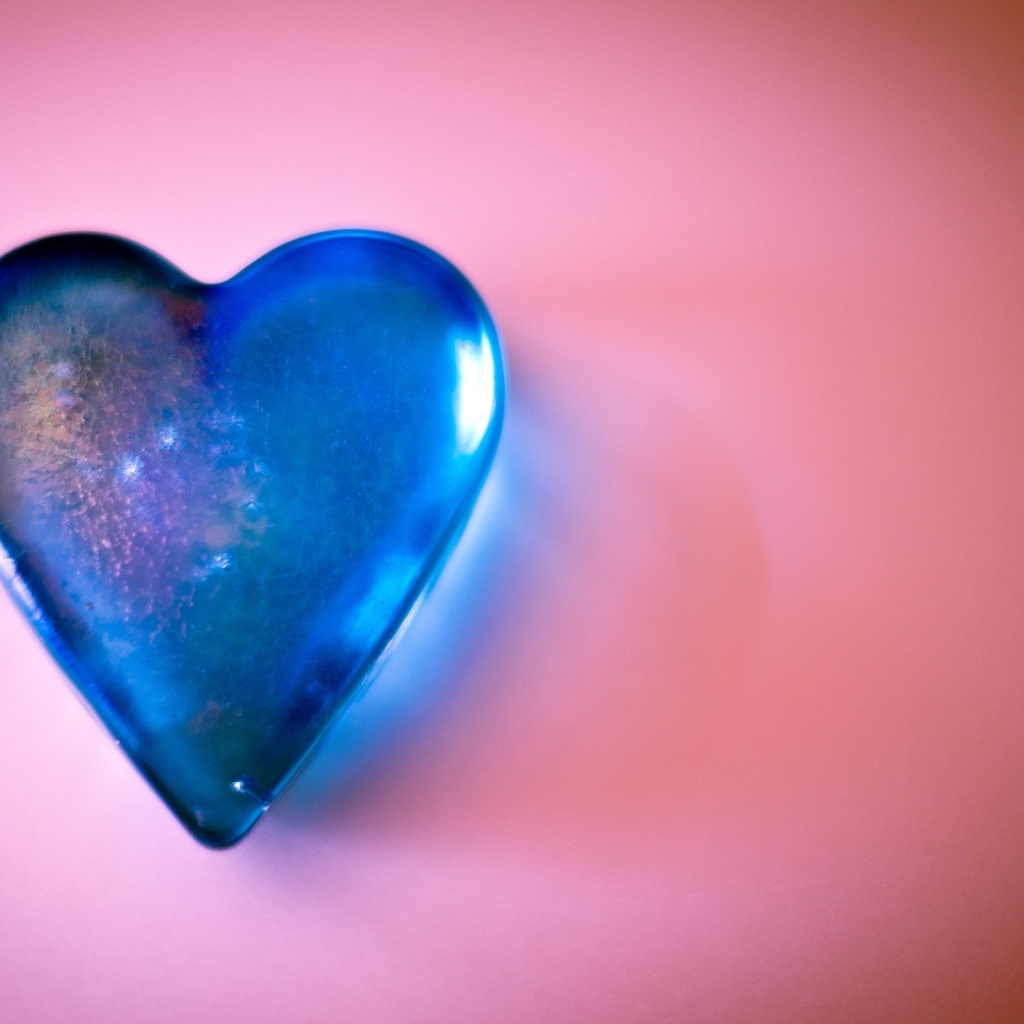 Синее стеклянное сердце на розовом столе