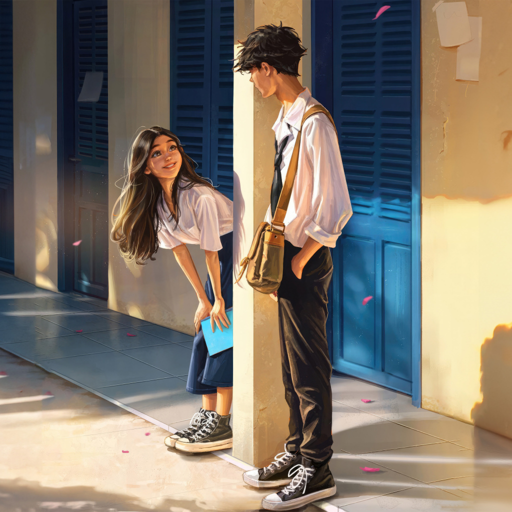 Влюбленная пара студентов к коридоре