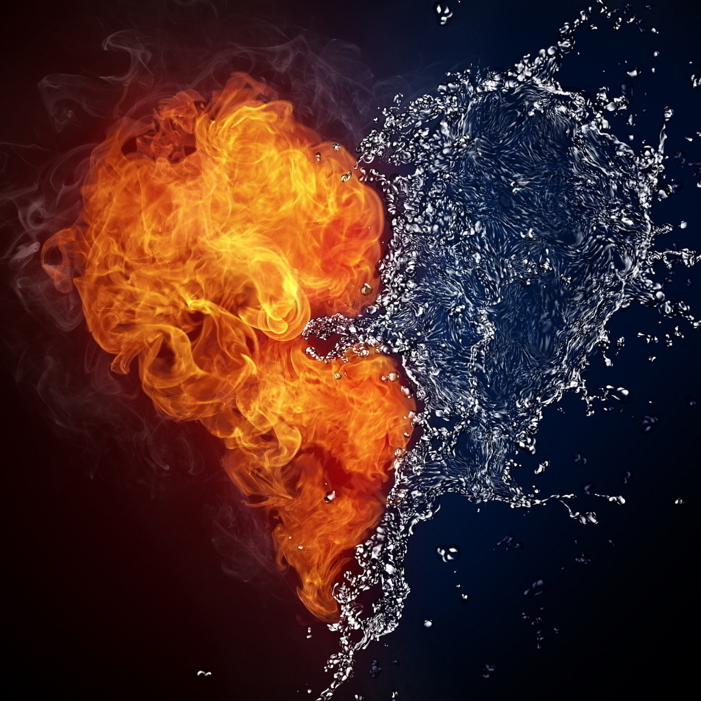 Огненное и водяное сердце на черном фоне