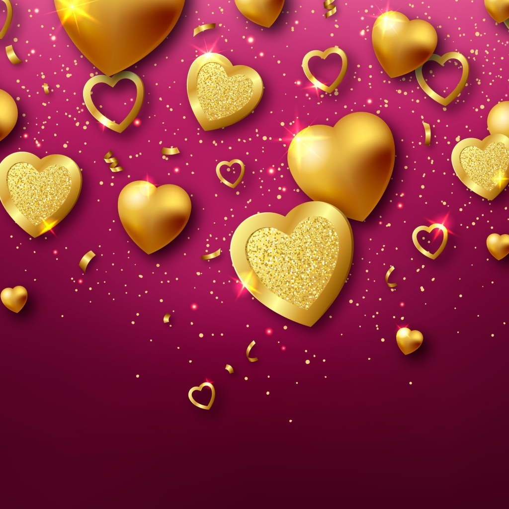 Золотые сердечки на красном фоне