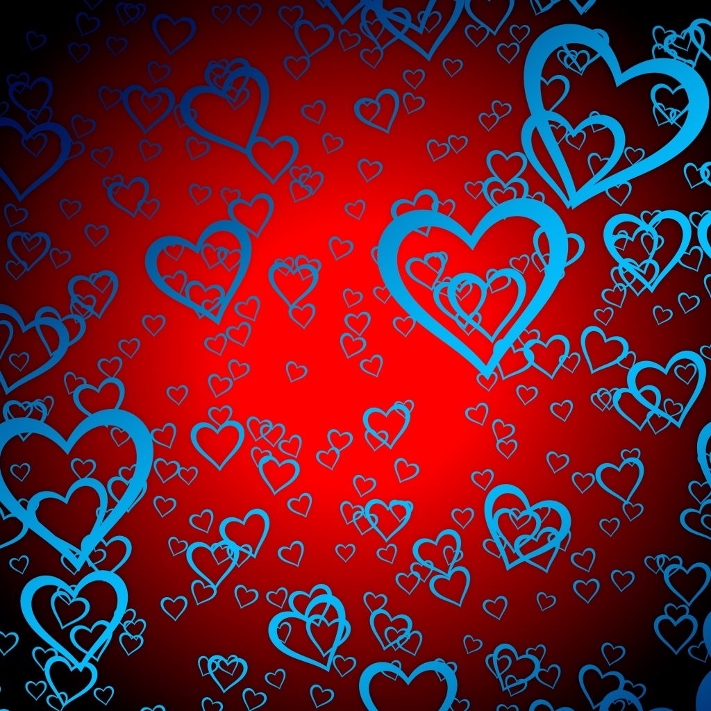 Много голубых сердец на красном фоне