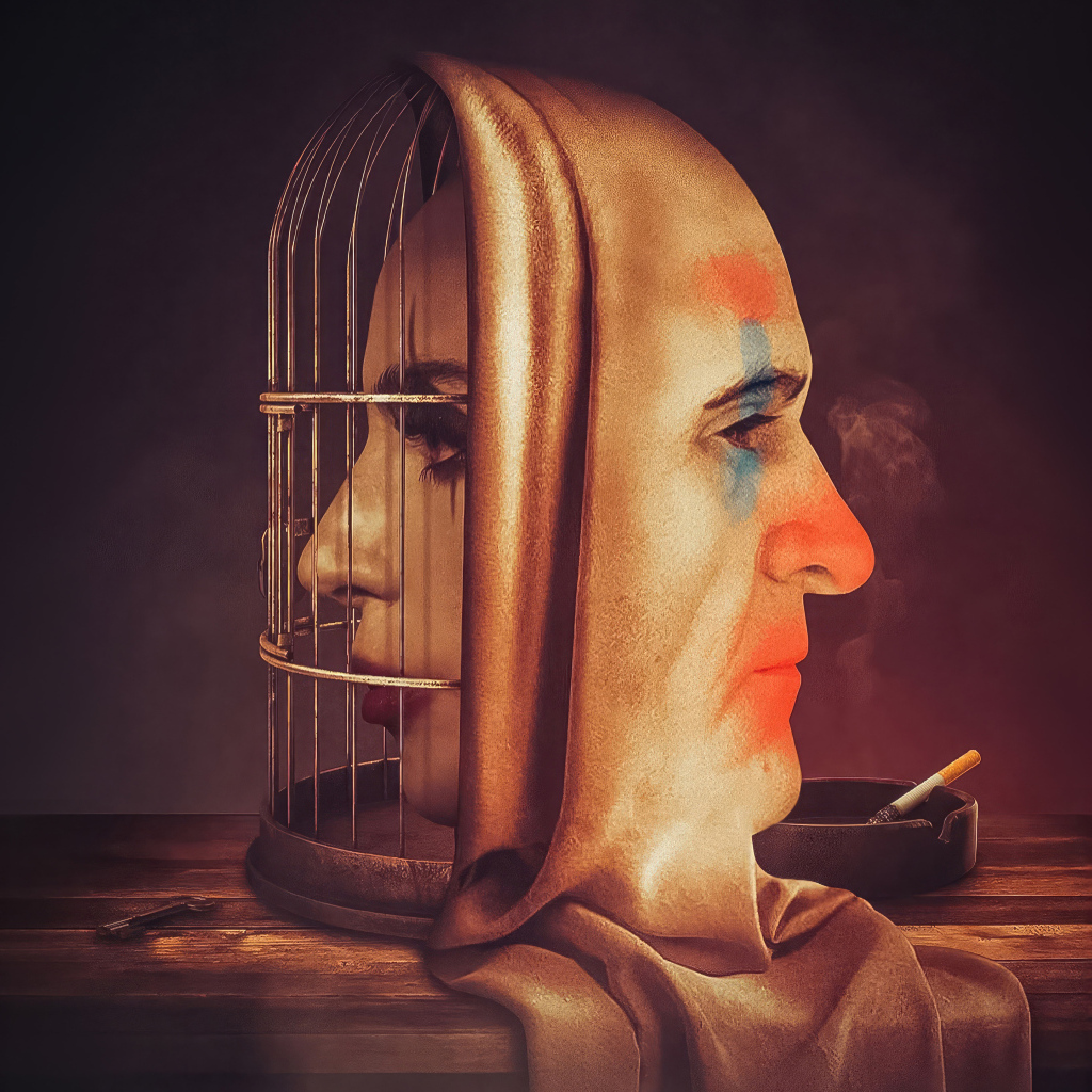 Клетка с лицами персонажей нового фильма Джокер: Безумие на двоих