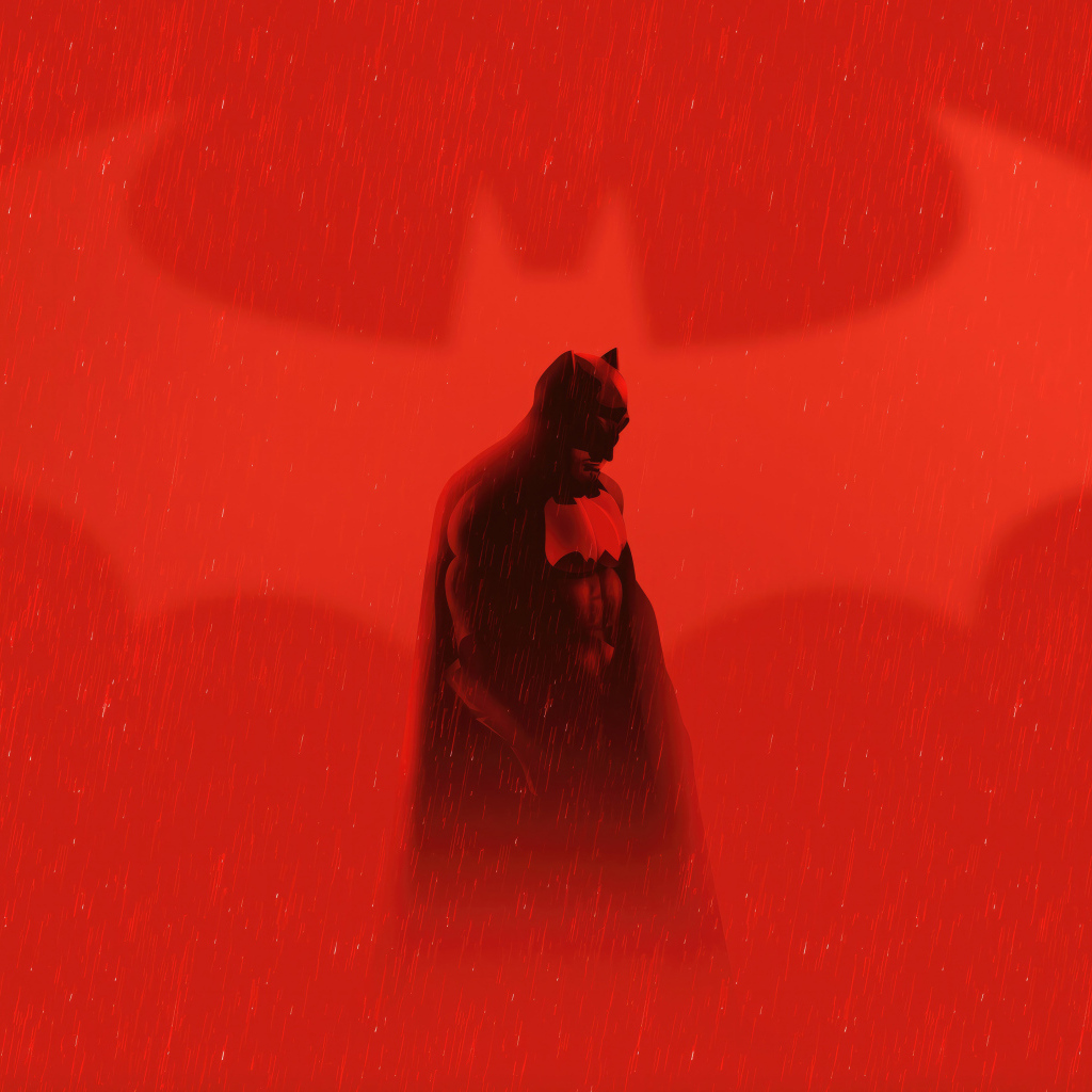 Бэтмен под дождем на красном фоне
